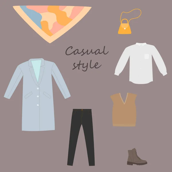 Roupas femininas, sapatos e acessórios coleção. Estilo casual. Ilustração de desenho animado plano vetorial — Vetor de Stock