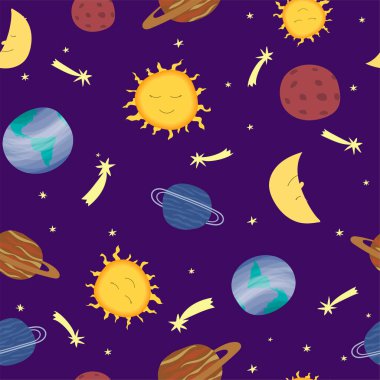 Renkli çizgi filmlerdeki gibi kusursuz desenler. Düz biçimdeki kozmik vektör illüstrasyonu.