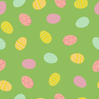Paskalya yumurtaları pürüzsüz. Yeşil arkaplanda süslemeli yumurtalar