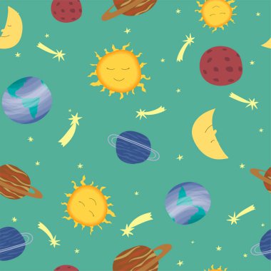  Düz bir şekilde kusursuz bir desen. Renkli kozmik vektör çizimi 