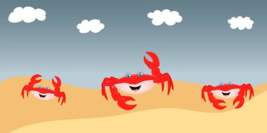 Sahilde komik yengeçler. Çizgi film vektör illüstrasyonu.