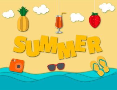 Sarı arka planda asılı origami ile yaz kompozisyonu. Kağıt sanatı ve zanaat stili. 