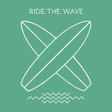 Dalgaya bin. Sörf tahtalarının ve dalgaların tasviri. Sörf tahtası grafik tasarımı. İlham verici spor geçmişi.