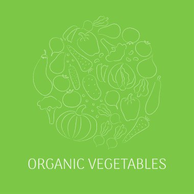  Sebzeler daire şeklinde dizilmiş. Yeşil arkaplanda beyaz hatlar.