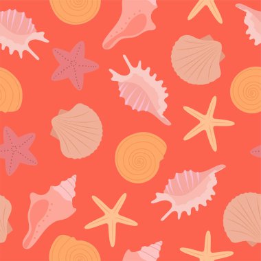 Pastel deniz kabukları ve deniz yıldızlarıyla kusursuz desen. Yaratıcı deniz dokusu. Kumaş, tekstil, ambalaj kağıdı için harika.
