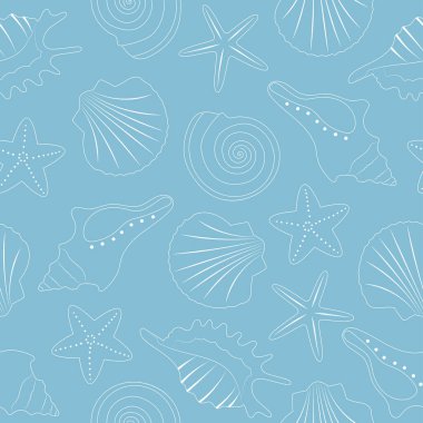 Mavi arka planda beyaz deniz kabukları ve deniz yıldızlarının farklı türleri. Kusursuz desen. Yaratıcı deniz dokusu. Kumaş, tekstil, ambalaj kağıdı için harika.