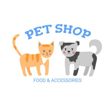 Evcil hayvan dükkanı logosu. Çizgi film renkli kedi ve köpek.