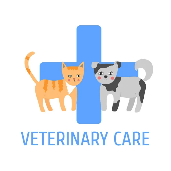 Veterinary care logo. Cartoon colorful dog and cat. — Stock Vector