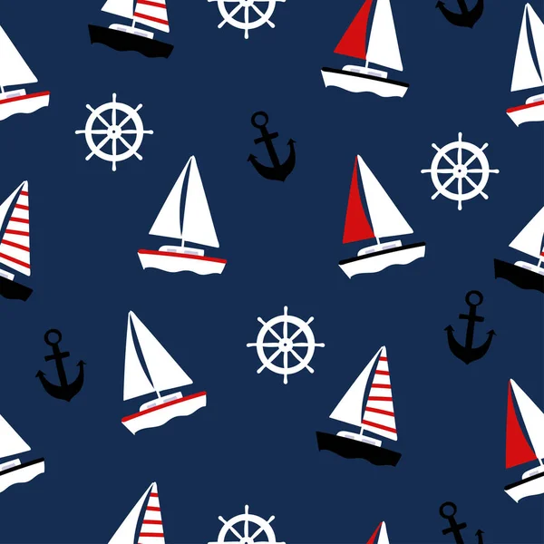 Colorful seamless pattern with sailboat, anchor and steering wheel. — Stock Vector