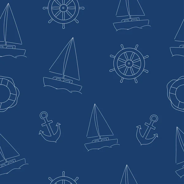 Modèle marin sans couture dessiné à la main avec voilier, ancre et volant — Image vectorielle