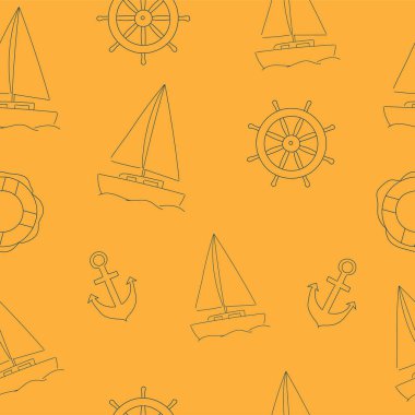 Sarı arka planda yelkenli, çapa ve direksiyonlu kusursuz desen
