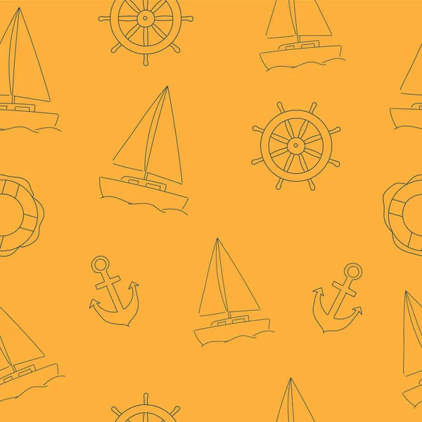 Patrón sin costuras con velero, ancla y volante sobre fondo amarillo — Vector de stock