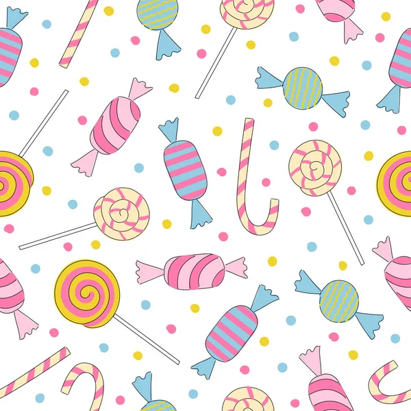 Cartoon bonbons motif sans couture sur fond blanc — Image vectorielle