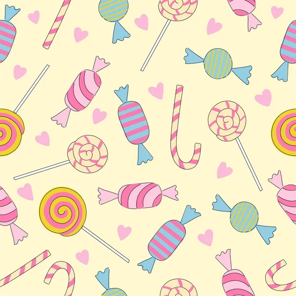 Bonbons colorés et herats motif sans couture sur fond jaune — Image vectorielle