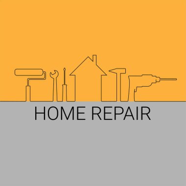 Ev onarım logosu tasarımı. Düz bir çizgide farklı araçlar ve ev.