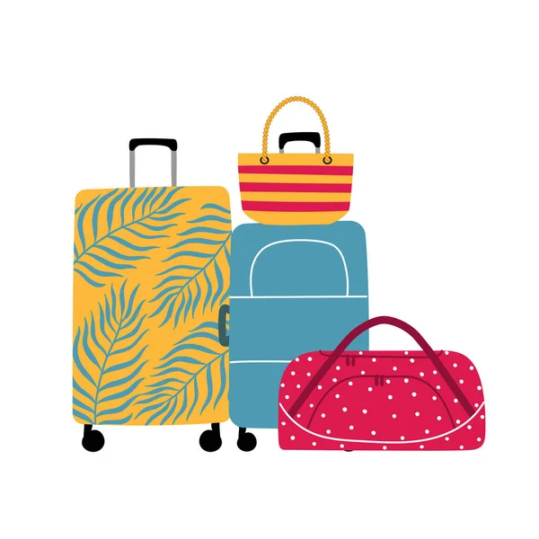 Набор для путешествий с красочными сумками и чемоданами. Плоская иллюстрация на белом фоне — стоковый вектор