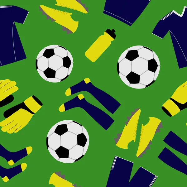 Modello senza soluzione di continuità di attrezzature di calcio. Oggetti colorati su sfondo verde — Vettoriale Stock
