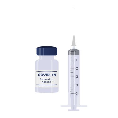 Covid19 Coronavirus aşı şişeleri ve şırınga enjeksiyonu. Düz Çizim
