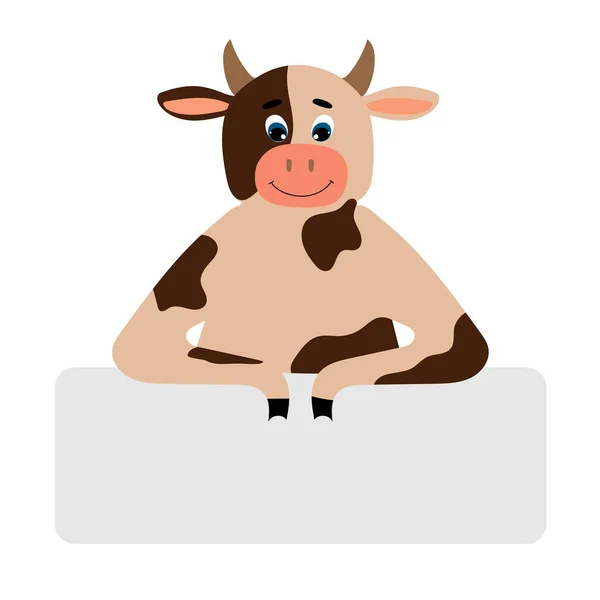 Vaca graciosa apoyada en un rectángulo gris. Ilustración vectorial aislada — Archivo Imágenes Vectoriales