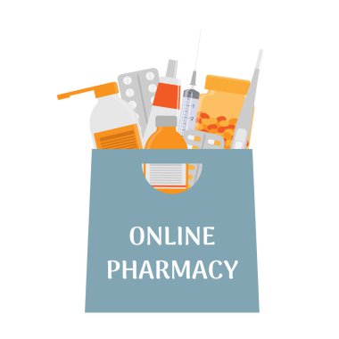 Farklı ilaç ve şişelerle dolu mavi alışveriş torbası. İnternetten alışveriş, eczane, eczane. 