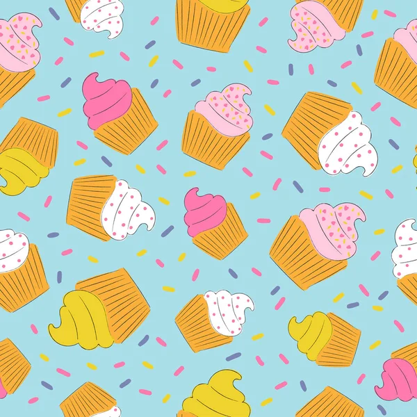 Colorful hand drawn cupcakes seamless pattern — Stock Vector