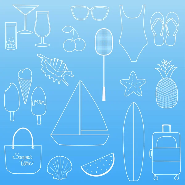 Conjunto de plantillas de diseño y elementos para verano y playa sobre fondo azul. Estilo de arte de línea. — Vector de stock