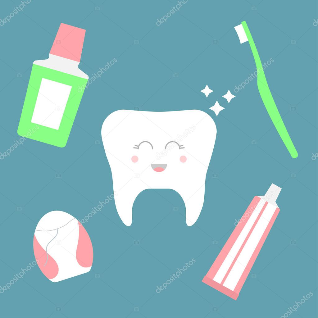Cute smiling tooth and dental cleaning tools. Toothpaste, toothbrush, mouthwash and dental floss. Flat vector illustration