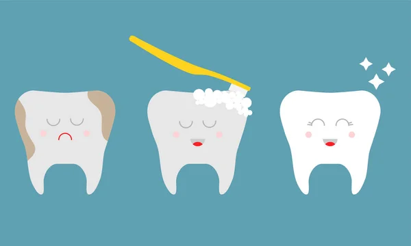 Leuke tanden voor en na het schoonmaken. Stomatologie bijstand, bleken en mondhygiëne. — Stockvector