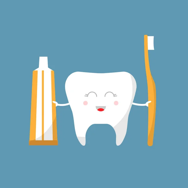 Leuke glimlachende tand met tandpasta en tandenborstel. Stomatologie bijstand, bleken en mondhygiëne. — Stockvector