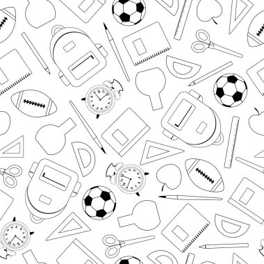  Okul eşyaları ve elementler kusursuz desen. Siyah ve beyaz. Çizgi sanatı