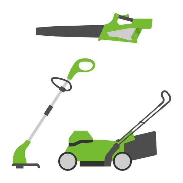 Medel för renhet i gräsmattan. Gräsklippare, strängtrimmer och lövblåsare. Platt vektor isolerad illustration — Stock vektor