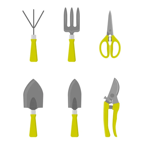 Ensemble de matériel de jardin. Râteau à main, truelle, transplanteur et ciseaux. Illustration isolée vectorielle plate — Image vectorielle