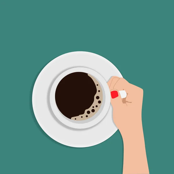 Een vrouw met een koffiekop op haar bord. Bovenaanzicht. Elegante platte cartoon vector illustratie — Stockvector