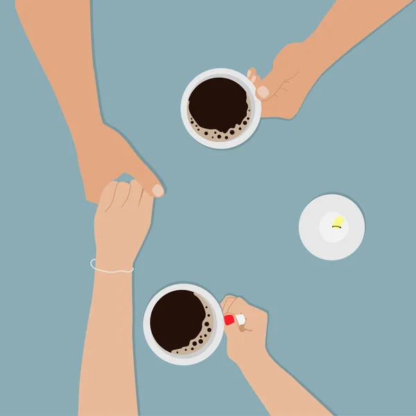Руки женщины и мужчины держатся вместе. Мальчик и девочка пьют кофе. Вид сверху — стоковый вектор