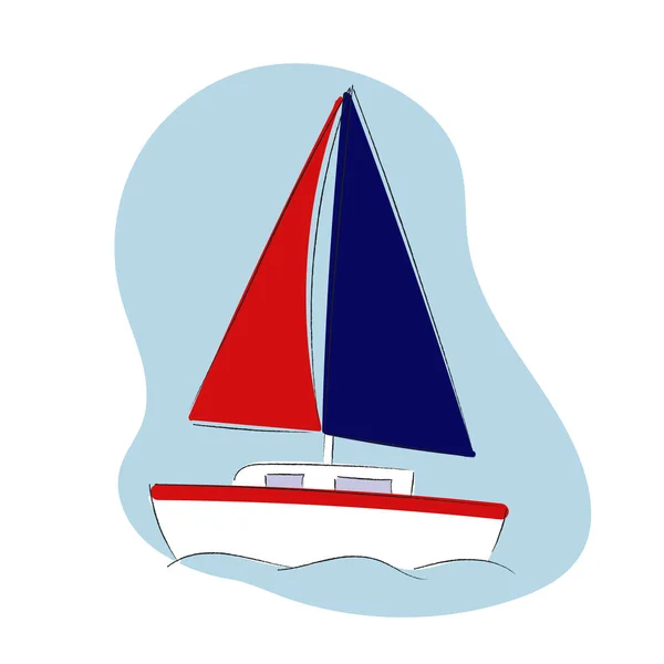 Voilier dessiné à la main dans les vagues. Illustration colorée d'un yacht en mer. — Image vectorielle