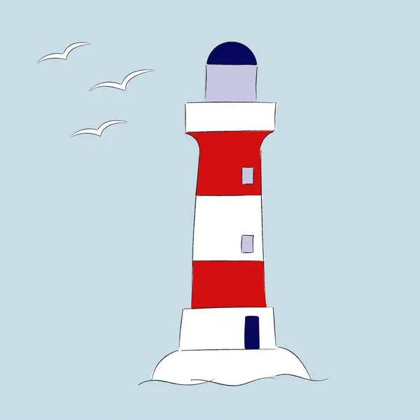 Faro dibujado a mano de dibujos animados y gaviotas aisladas sobre fondo azul. — Vector de stock