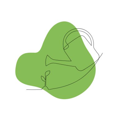 Bir çizgili sulama kutusu ve yeşil şekilli bir bitki. Bitki bakımı. İnce çizgi çizimi.