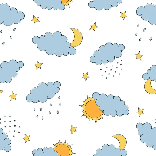 Eenvoudig kinderpatroon met wolken, zon en maan. Naadloos patroon met regen en sneeuw. Achtergrond voor poster, omslag boekje, banner, oppervlakteontwerp. — Stockvector