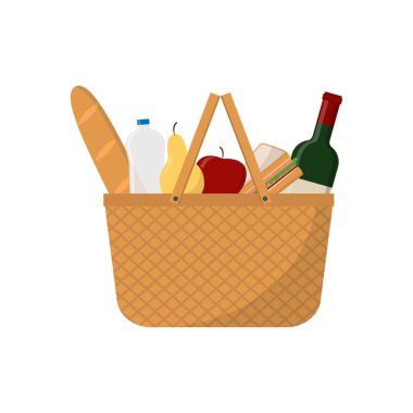 Şarap, sandviç, elma, armut, Fransız ekmeği ve su şişesiyle hasır piknik sepeti. Düz vektör çizimi beyaz arkaplanda izole edildi