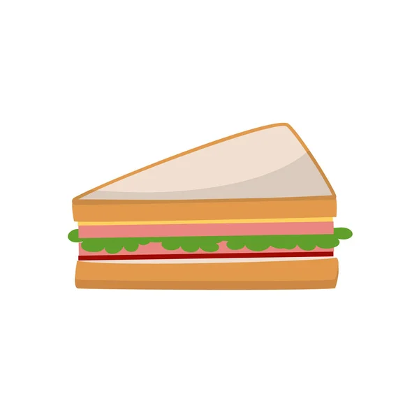 Cartoon sandwich with ham, cheese, sause and salad. Flat vector illustration isolated on white background — Stock Vector