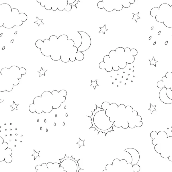 Sömlöst mönster med moln, sol och måne, regn och snö. Handritad konturskiss. Bakgrund för affisch, omslag häfte, banner, ytdesign. — Stock vektor