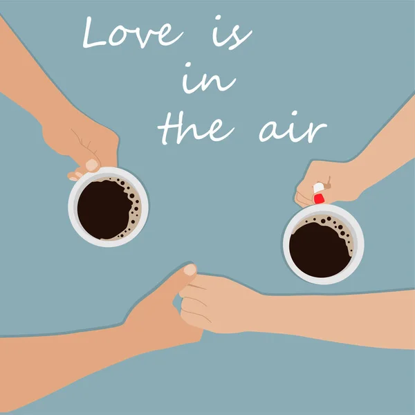 Любовь витает в воздухе. Руки женщины и мужчины держатся вместе. Мальчик и девочка пьют кофе. Вид сверху — стоковый вектор