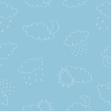 Beyaz bulutlu kusursuz desen, güneş ve ay, mavi arkaplanda yağmur ve kar. Elle çizilmiş çizim. Poster, kapak kitapçığı, afiş, yüzey tasarımı için arkaplan.