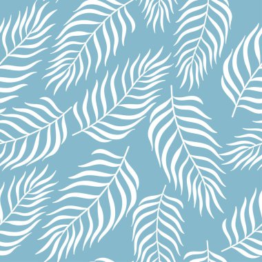 Tropik palmiye yaprakları pürüzsüz olur. Mavi arkaplanda beyaz bitkiler