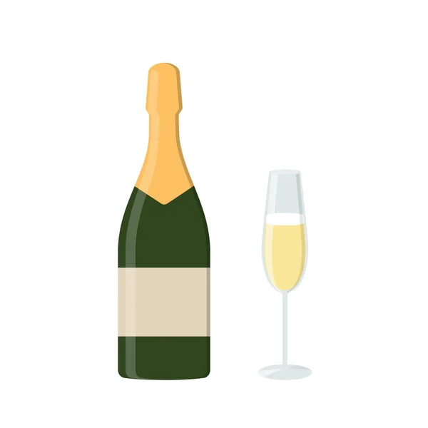 Champagne fles en glas. Restaurant en pub, bar symbool. Vlak ontwerp. Geïsoleerde vectorillustratie — Stockvector