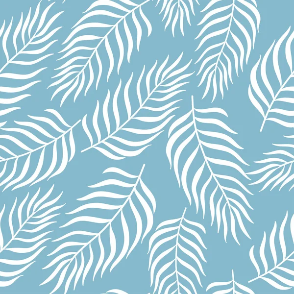 Tropische Palmenblätter mit nahtlosem Muster. Weiße Pflanzen auf blauem Hintergrund — Stockvektor