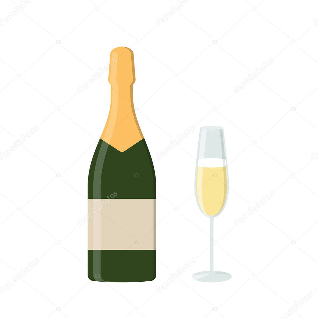 Champagne bottle and glass. Restaurant and pub, bar symbol. Flat design. Isolated vector illustration
