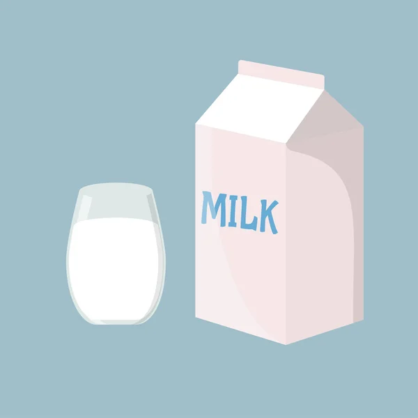 Caja de leche y vaso de leche. Ilustración vectorial aislada sobre fondo azul — Archivo Imágenes Vectoriales