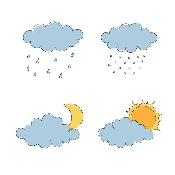 Eenvoudige tekenfilmset met wolken, zon en maan, regen en sneeuw. Wolken vector collectie in platte stijl. — Stockvector