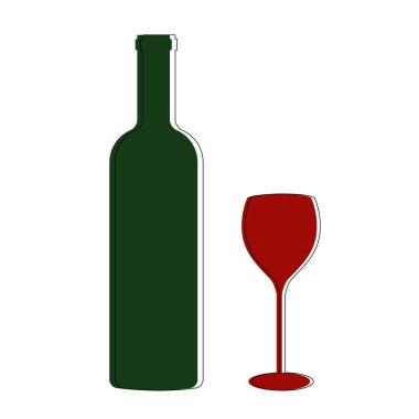 Şarap şişesi ve cam minimalist tarzda. Restoran ve bar, bar sembolü. Düz tasarım sanatı. İzole vektör illüstrasyonu.
